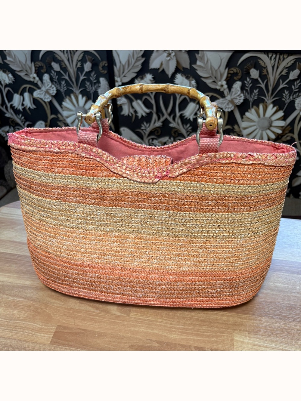 Vintage St. John's Bay Woven Straw Tote Bag Pink Stripes | Y2K Beach Boho Summer